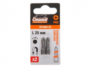 Насадка крестообразная PH2 25мм  2шт торсионная GEPARD (GP3900-25) (бита Phillips сталь S2 магнитная)