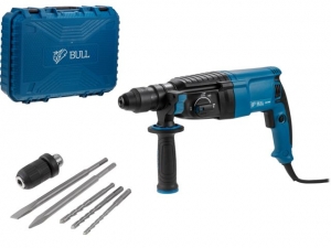 Перфоратор BULL BH 2602 в чем. 800 Вт, 3.0 Дж, 4 реж. + 2 зубила, 3 сверла, БЗП в комплекте (800 Вт, 3.0 Дж, 4 реж., патрон SDS-plus, БЗП в комплекте,