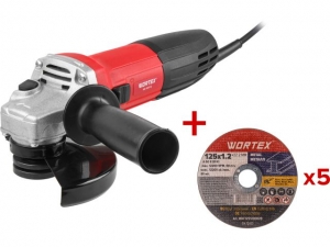 Одноручная углошлифмашина WORTEX AG 1207-6 в кор. 750 Вт, 125 мм, 0-10000 об/мин (рег.об., пылезащита двигателя и подшипника, 5 отрезных кругов в ПОДА