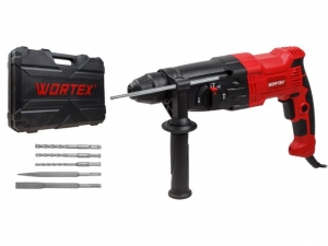 Перфоратор WORTEX RH 2621 в чем. + (2 зубила, 3 сверла) 800 Вт, 2.6 Дж, 3 реж., SDS-plus, Vario-Lock (800 Вт, 2.6 Дж, 3 реж., патрон SDS-plus, вес 2.9